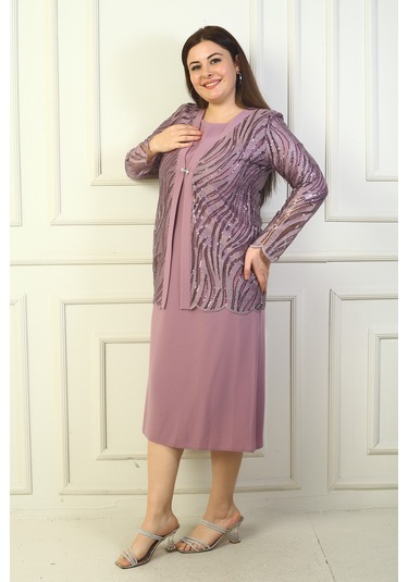 Kadın Pul Ve Sim İşlemeli Tül Ceket Uzun Kollu Astarlı Krep Elbise Büyük Beden 2'li Takım Gülkurusu Kadın Pul Ve Sim İşlemeli Tül Ceket Uzun Kollu Astarlı Krep Elbise Büyük Beden 2'li Takım Gülkurusu