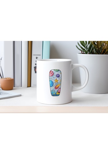 I Baş Harf Gezegen Desenli Kupa Bardak - Kişiye Özel Evren Temalı Kahve Çay Kupası - Gökyüzü Beyaz