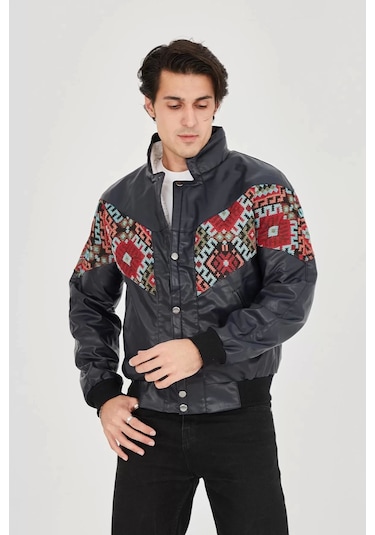 Erkek İçi Astarlı İçten Yaka Kısmı Peluşlu Suni Kumaş Vintage Ceket - Lacivert Lacivert