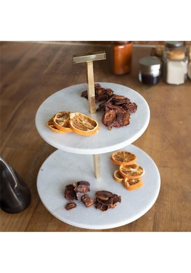 Akayev Mermer 25 Cm Beyaz Altın Boncuk Ayaklı İki Katlı Sunum Tabağı Beyaz
