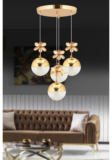 Kelebek 4'lü Gold 3 Renk Kademeli Sarkıt Ledli Kristal Taşlı Led Avize Gold