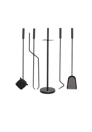 5 Li Lüx Ithal Siyah Yuvarlak Tabanlı Şömine - Soba Maşa Takımı Aksesuar Seti