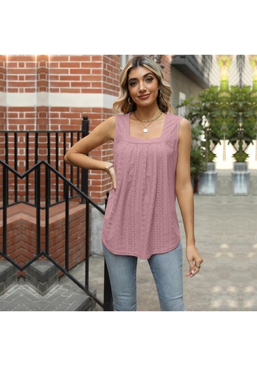 Koyu Pembe Gmxıa Kadın Modası Günlük Düz Renk Baskı Kolsuz Kare Yaka Bluzlar Ve Gömlekler