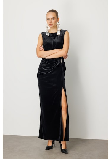 Ekol Kadın Beli Büzgülü Maxi Kadife Elbise 4141 Siyah Siyah