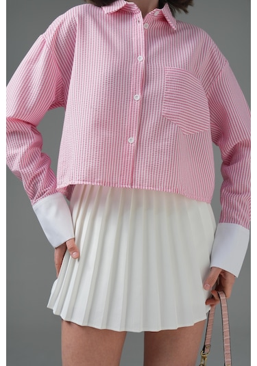 Saade Pembe Çizgili Crop Gömlek Mavi