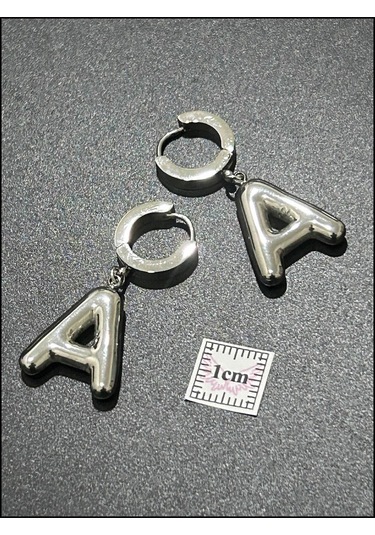 A Harfi, Balon Formlu, Paslanmaz Çelik Küpe 288, Gümüş Renk Gümüş