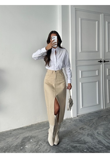 Blue Marlın Kadin Taş Etek Ucu Kesik Ön Yirtmaç Keten Etek Krem