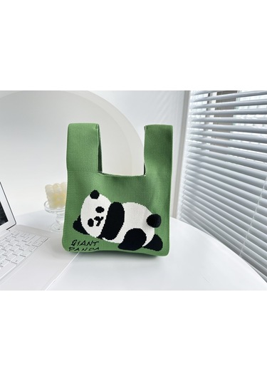 Sevimli Panda Desenli Örgü Eşleşmeli Anne-bebek Çantası Şık Ve Kullanışlı Aksesuar Yeşil