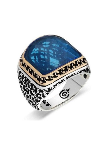 925 Ayar Gümüş Açık Mavi Taşlı Erkek Yüzük - 554947125