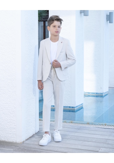Erkek Çocuk Bej Takım Elbise Gofi Spor Takım 3-14 Yaş Ceket Pantolon Tişort 3-14 Yaş Bej