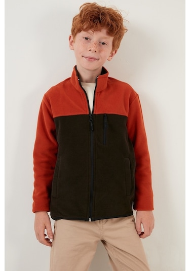 Lela Yumuşak Dokulu Fermuarlı Renk Bloklu Dik Yaka Cepli Hırka Unisex Çocuk Polar 5905001 Orange-Antrasit