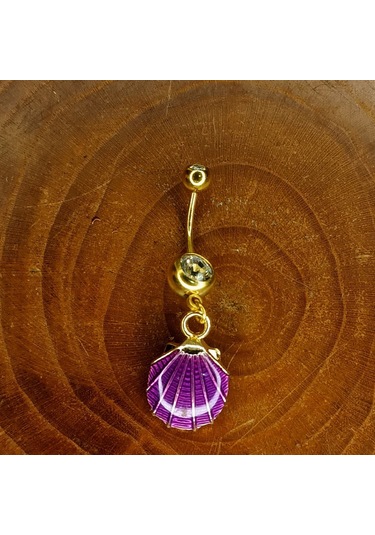 Aya Tasarım Gold Renk Mor İstiridye Figürlü Göbek Piercing Altın