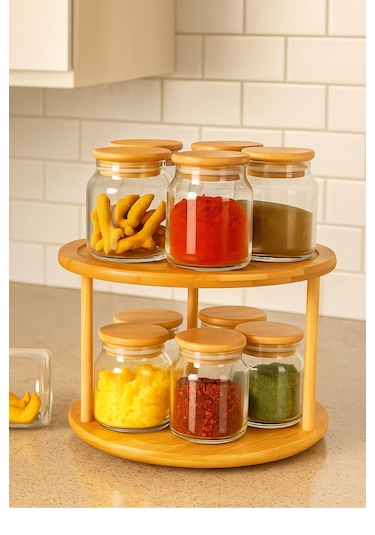 Bambu 360 Dönen 2 Katlı Baharatlık Düzenleyici Doğal, Şık Ve Fonksiyonel Mutfak Standı Bambu