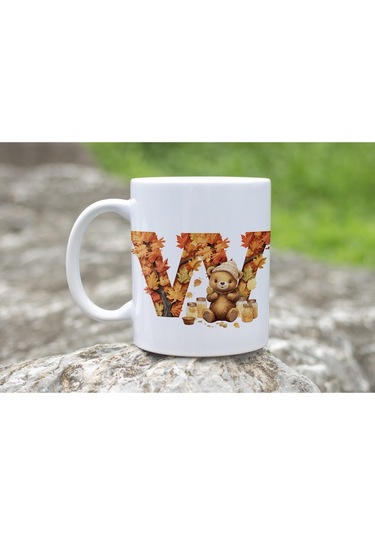 W Harf Sonbahar Yaprak Temalı Kupa Bardak - Sevimli Figürler İle Alfabe Harfli Bardak - Kişiye Özel Beyaz