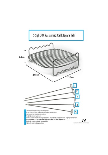 Airfryer Xxl Izgara Teli, 21,5 Cm Paslanmaz Çelik 5 Adet Şiş
