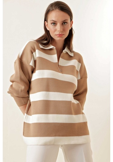 Gabria Fermuarlı Çizgili Kazak Kahve