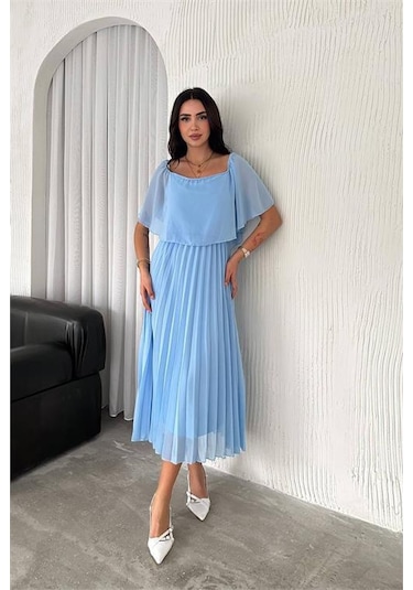 Dipmoda Kadın Madonna Yaka Piliseli Şifon Elbise Dpk2099 Bebe Mavisi