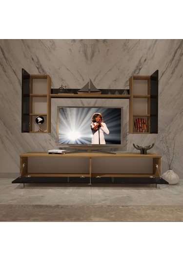 Decoraktiv Eko 7 Mdf Std Krom Ayaklı Tv Ünitesi Tv Sehpası Pera - Siyah