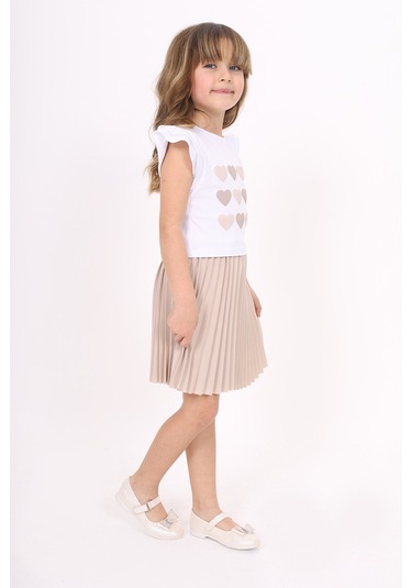 Toontoy Kız Çocuk Baskılı Etekli Takım Bej