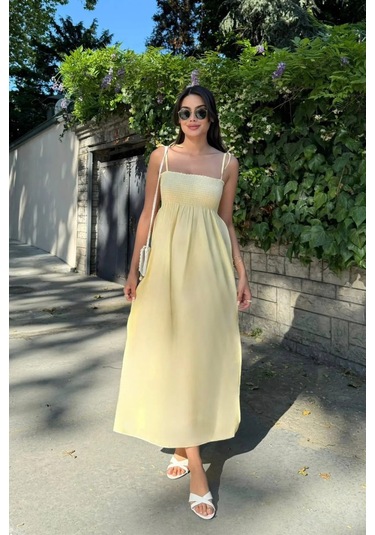 Uzun Pamuklu Yaz Elbisesi Askısı Bağlamalı Astarsız 4301 Sarı