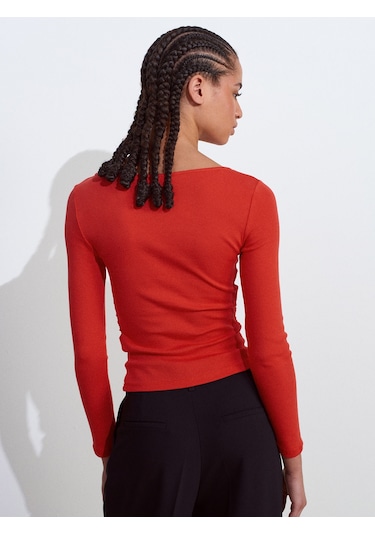 Dilvin 31401 Büzgülü Kayık Yaka Top-kırmızı Kırmızı