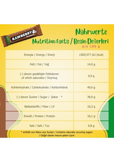 Rawberry Fındıklı Vegan Glutensiz Şeker İlavesiz Kuruyemiş Bar 15 x 33 G