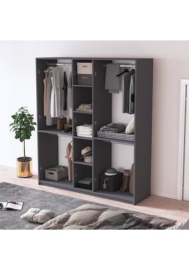 %100 Mdflam 5 Kapaklı 150cm Gardrop G-09 Koyu Gri