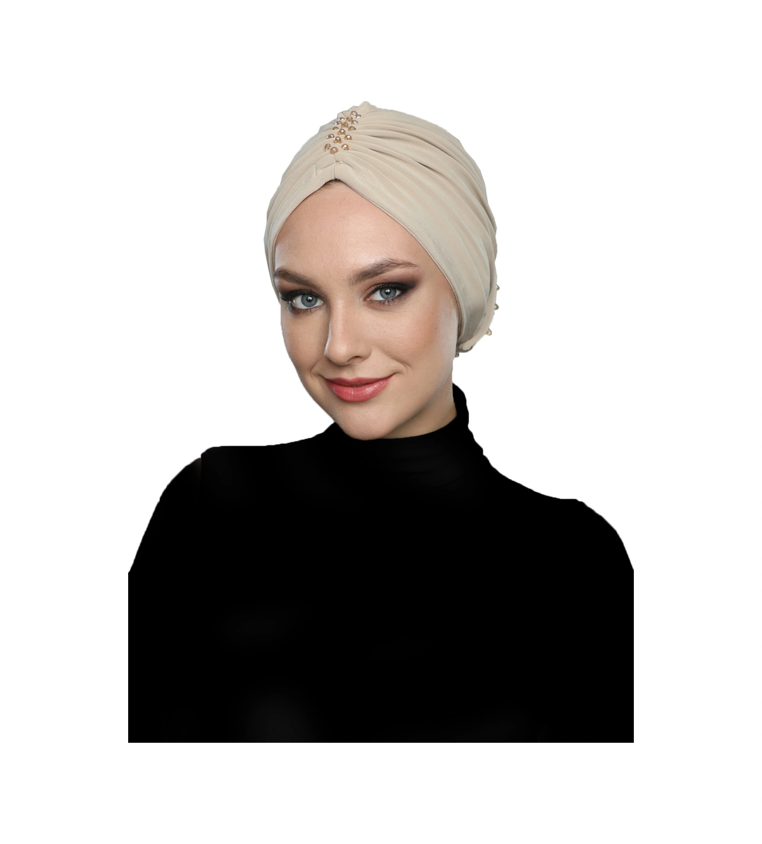 Kristal Yelpaze Taş Işlemeli Çift Taraflı Astarlı Bej Hazır Türban Tesettür Abiye Bone Bej