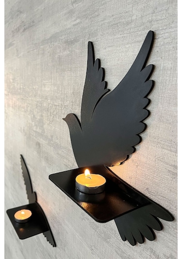 Dekoratif Kuş Duvar Rafı 3 Lü Set 30 Cm Duvar Mumluğu Siyah