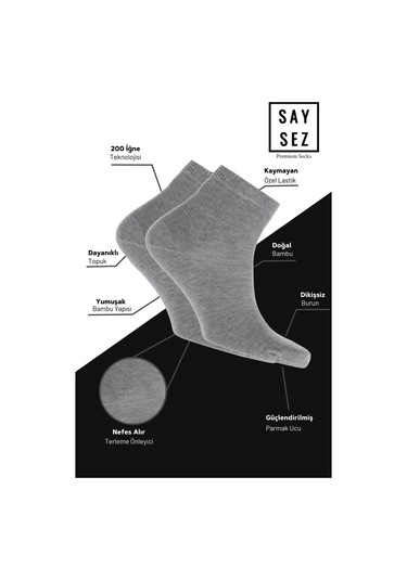 Bambu Erkek Yarım Konç Düz Gri Melanj Renk Çorap Dikişsiz Premium Kutulu 5'li / Hediyelik Gri Melanj