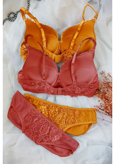 Kadın Hardal Ve Kiremit Rengi Dolgulu Balenli Sütyen Külot 2'li Paket Çok Renkli