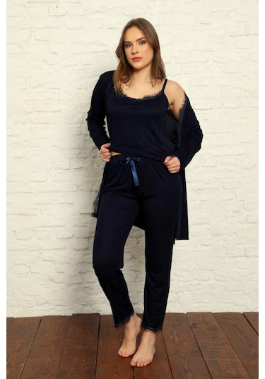 Sabahlıklı Dantel Detaylı Pegasus Kadın Pijama Takımı-çeyizlik Takım- Geniş Beden Aralığı Lacivert