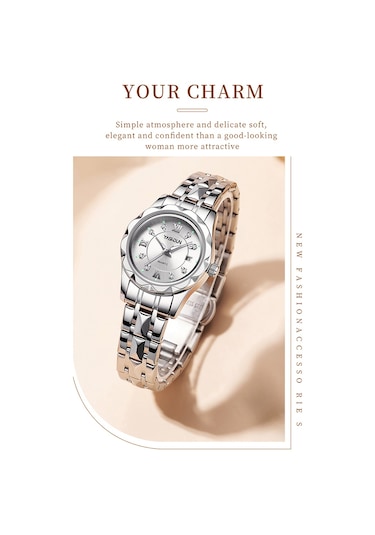 Yashıdun 5064 Şık Kadın Kuvars İzle Çelik Kayış Aydınlık Takvim Bilek Saati - Altın Kadran / Gümüş + Altın Kayış