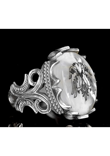 925 Ayar Gümüş Erkek Yüzük - 5.30 Karat Doğal İnci Taşı, Çift Başlı Kartal Tasarımı Gümüş