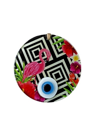 Pembe Flamingolu Çiçekli Nazar Boncuklu 15 Santimetre Çapında Duvar Süsü - 90157466969131000f