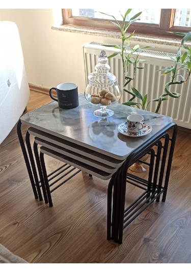 Milano 3d Parlak Sunta Metal Statik Siyah Ayaklı 4'lü Zigon Sehpa Üreticiden E1 Tse Mermer