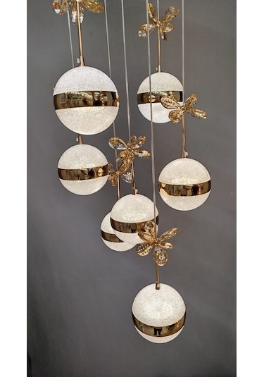 Şık Tarz Modern Led Avize Gold Ledli Salon Avizesi Kelebek Taşlı 7lı Sarı