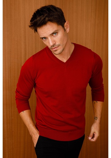 Desen Triko Erkek Basic V Yaka İnce Triko Kazak 02421602 Kırmızı