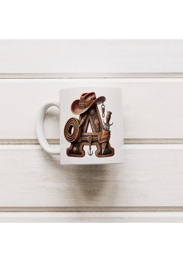 A Harfi Kovboy Temalı Bardak 330 Ml İsim / Harf Kişiye Özel Hediye - Vahşi Batı Konsept Beyaz