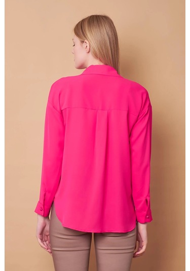 Kadın Yakalı Düşük Omuzlu Uzun Kol Likrasız Kumaş Gömlek-Fujya Fujya