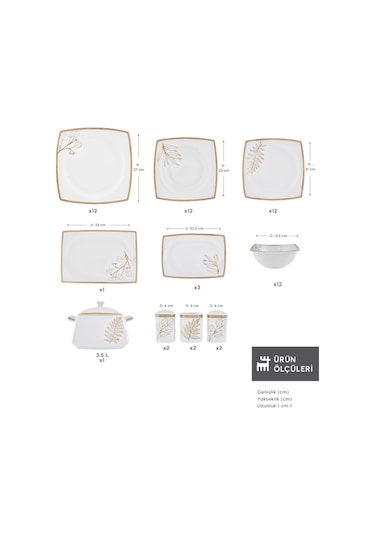 Karaca Square Bone Hazel 60 Parça 12 Kişilik Kare Yemek Takımı Gold
