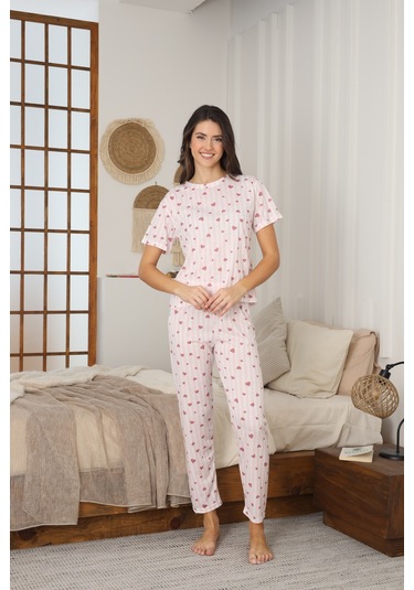 Kadın Yazlık Kısa Kol Penye Süprem Kumaş Pijama Takımı Pembe Kalpli