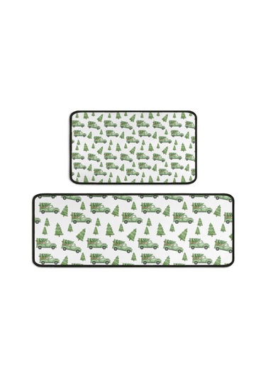 Noel Desenli 2'li Mutfak Matı, Anti-yorgunluk, Yastıklı Ve Kaymaz, Mutfak Ve Ofis İçin Noel Yeşil Kamyon