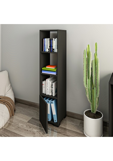 Kuzey 4 Raflı, Kapaklı Minimal Beyaz Kitaplık Antrasit