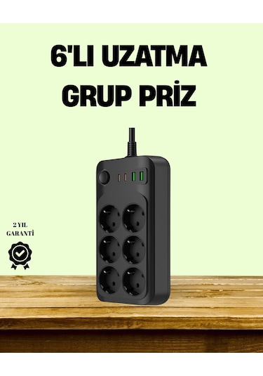 Universal 2500w Güçlü 6 Lı Priz Usb Ve Type-c Çıkışlı Termal Korumalı