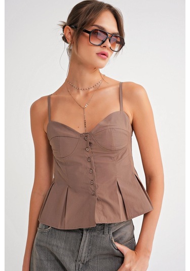 4737 Kadın Düğmeli Kuplu Pileli Bluz Moka Moka