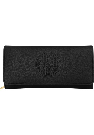 Yaşam Çiçeği Baskılı Şans Cüzdanı Kağıt Bozuk Para Ve Kartlık Bölmeli Siyah Kadın Cüzdan Siyah