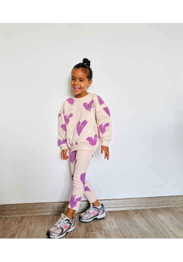 Kız Çocuk Çiçek - Leopar Detaylı 3 İplik Alt Üst Takım Sweatshirt + Tayt Mor