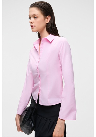 GRINNE Kadın Slim Gömlek Yaka Uzun Kollu İnce Uzun Pembe Gömlek