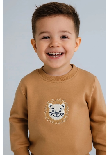 Erkek Çocuk Aslan Nakışlı 2 Li Takım Sweatshirt Ve Alt Eşofman %100 Pamuk Kahverengi